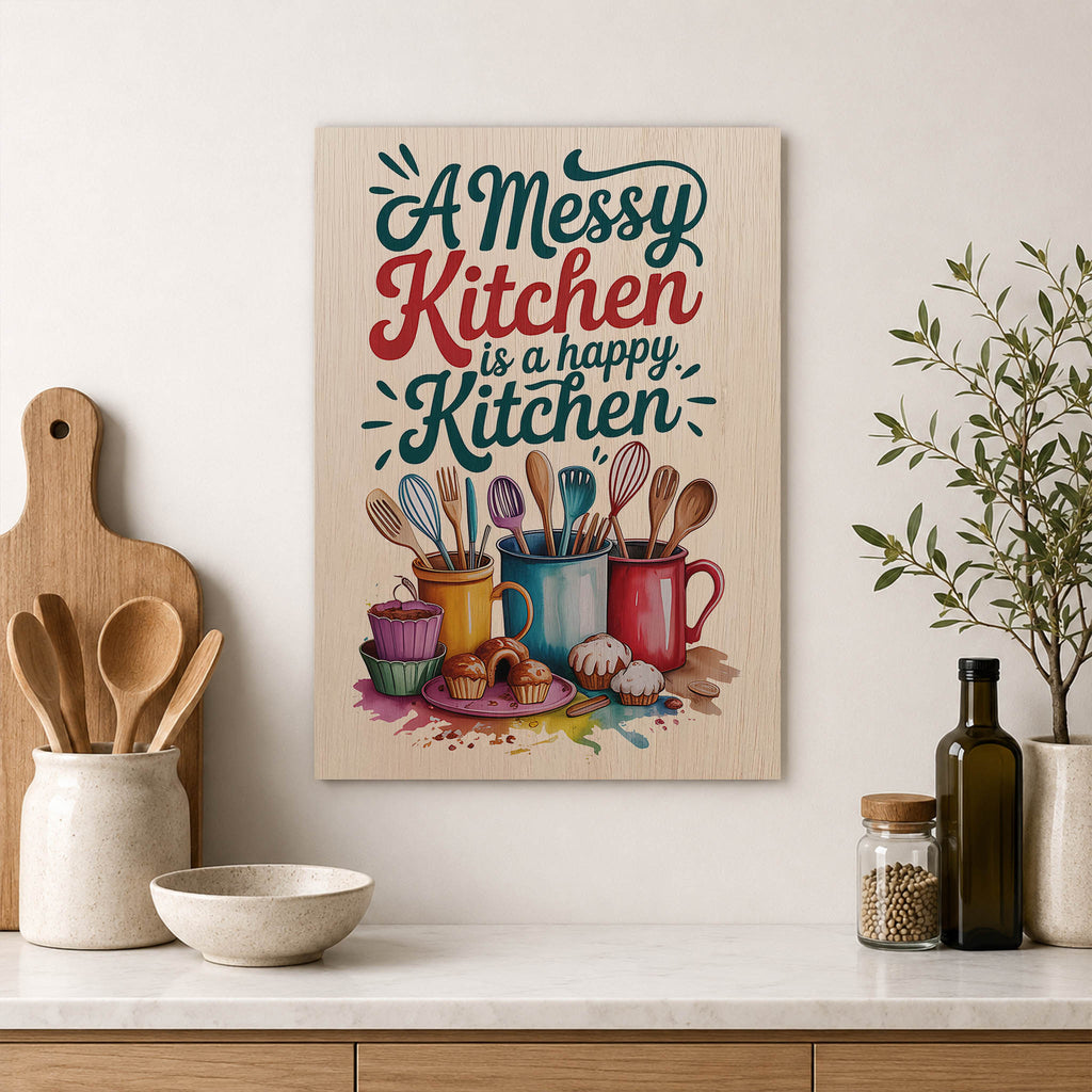 A Messy Happy Kitchen Wood Print by OnWood Australia