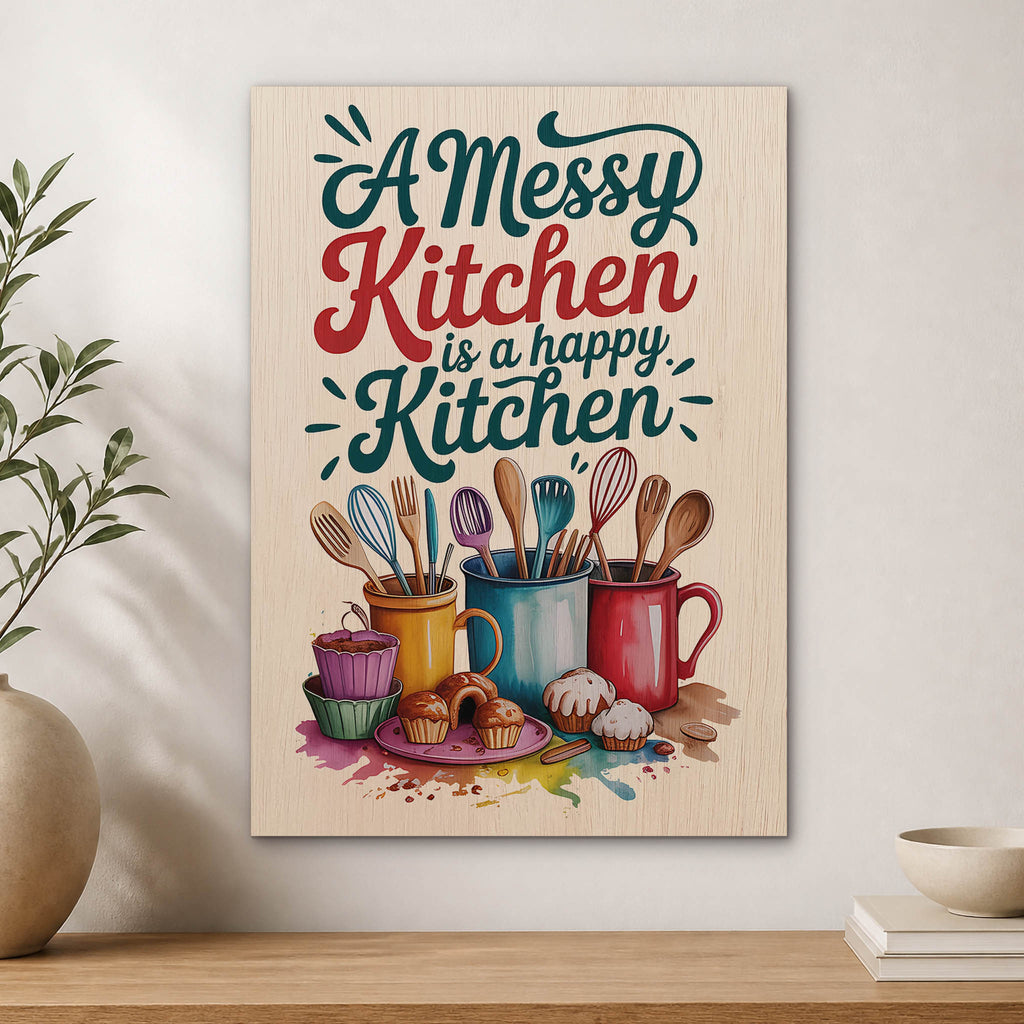 A Messy Happy Kitchen Wood Print by OnWood Australia