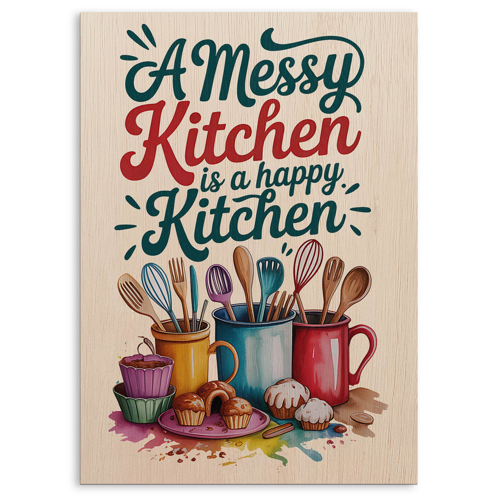 A Messy Happy Kitchen Wood Print by OnWood Australia