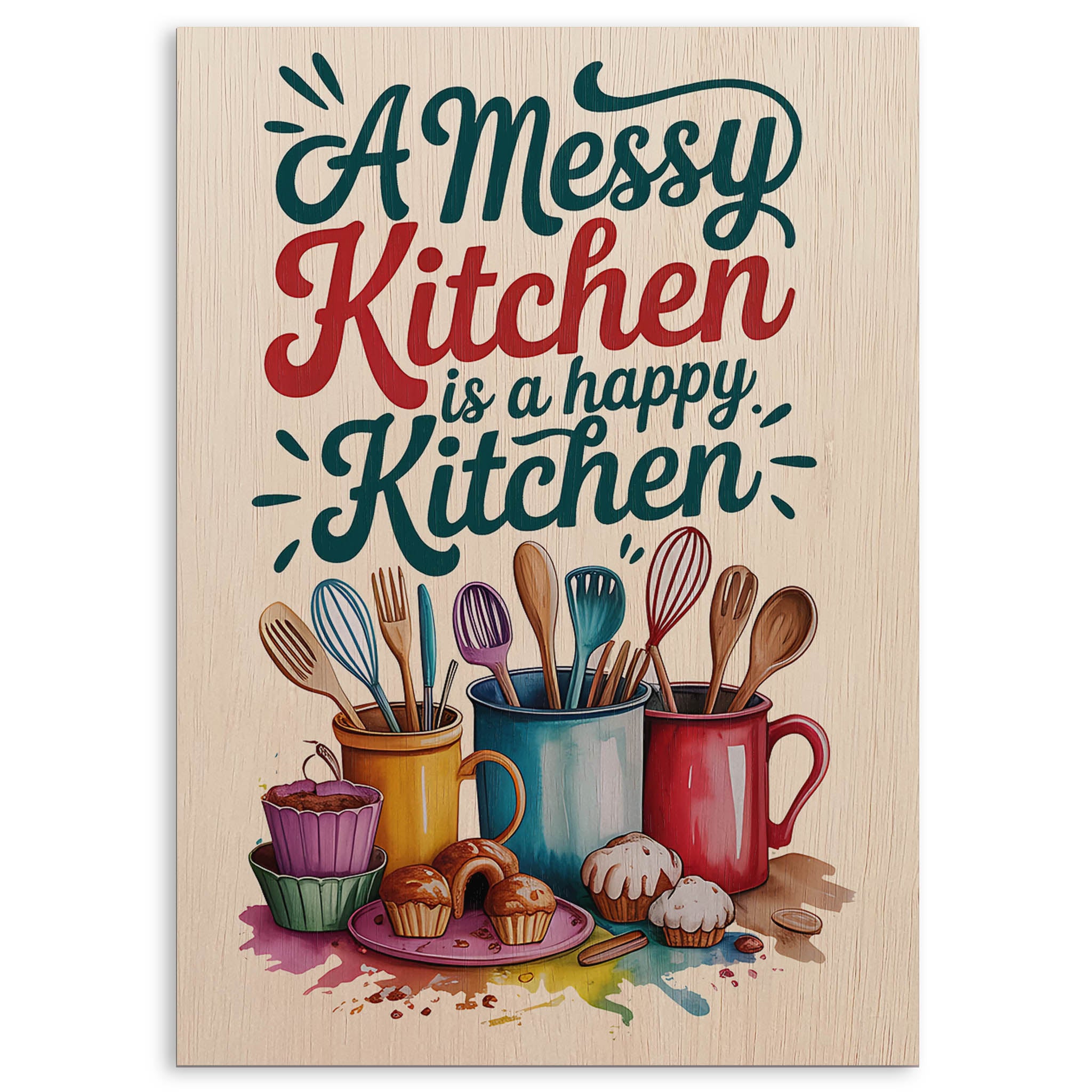 A Messy Happy Kitchen Wood Print by OnWood Australia