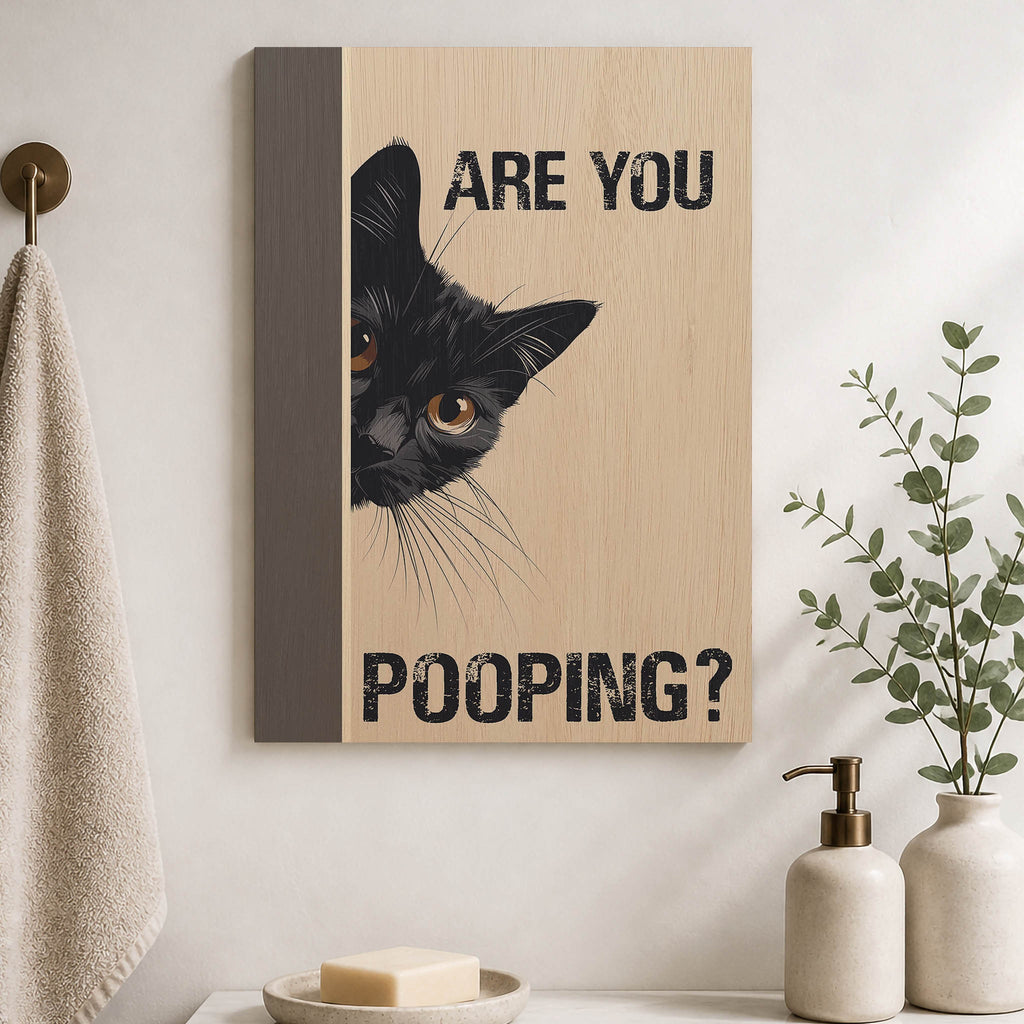 Are You Pooping Cat Wood Print by OnWood Australia