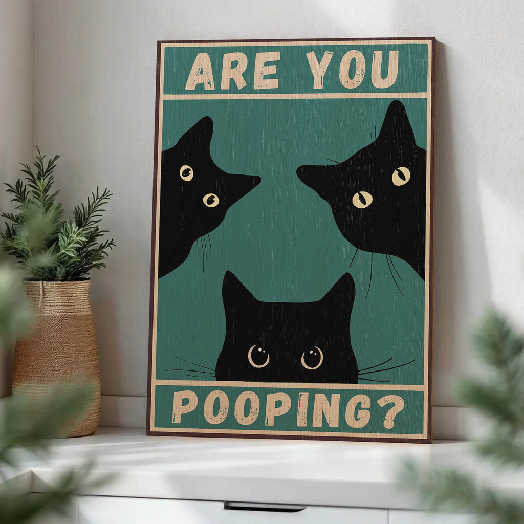 Are You Pooping Cat Wood Print by OnWood Australia