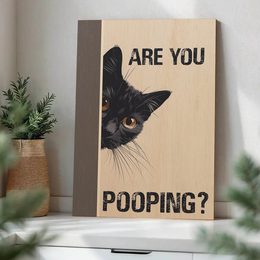 Are You Pooping Cat Wood Print by OnWood Australia