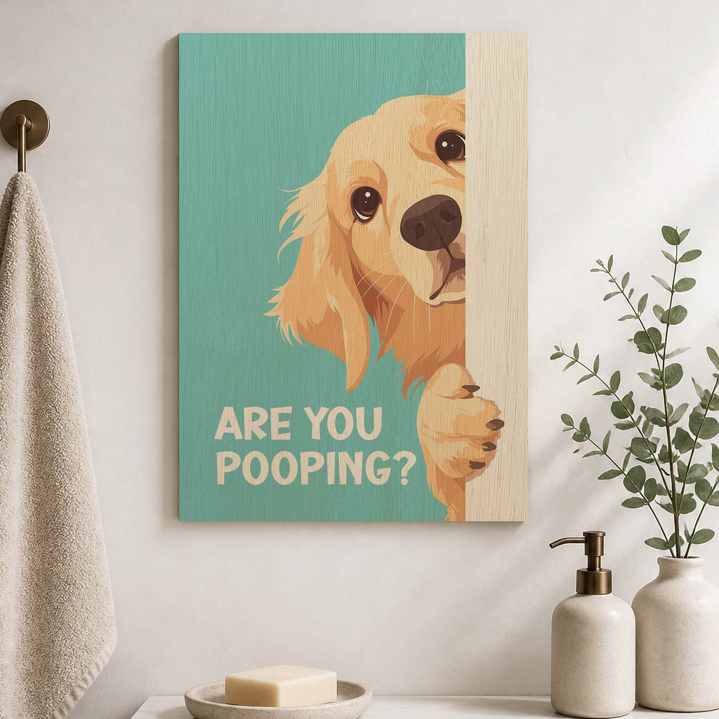 Are You Pooping Dog Wood Print by OnWood Australia