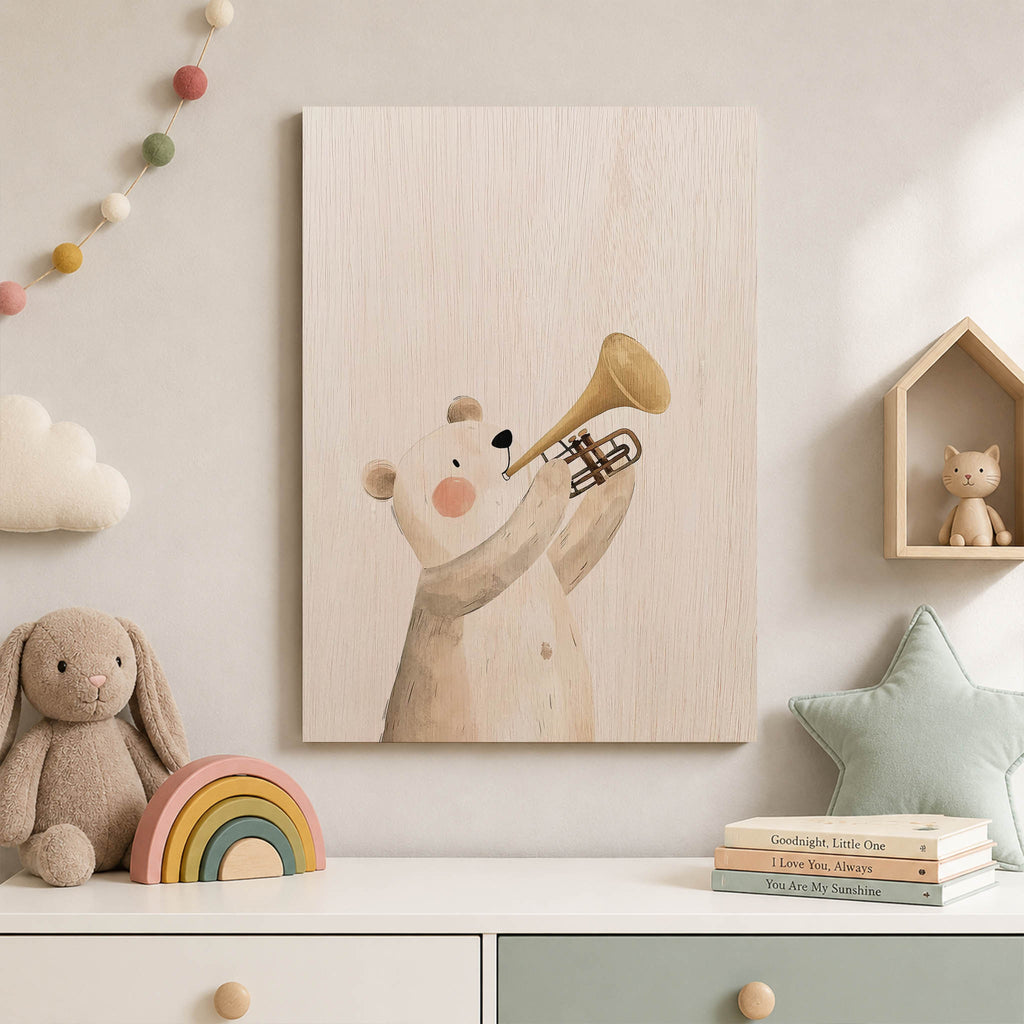 Bear Playing Trumpet Wood Print by OnWood Australia