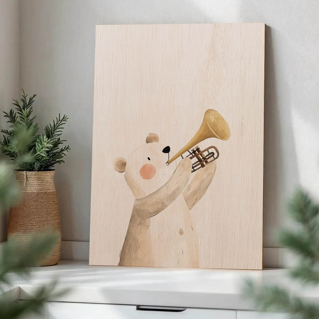 Bear Playing Trumpet Wood Print by OnWood Australia