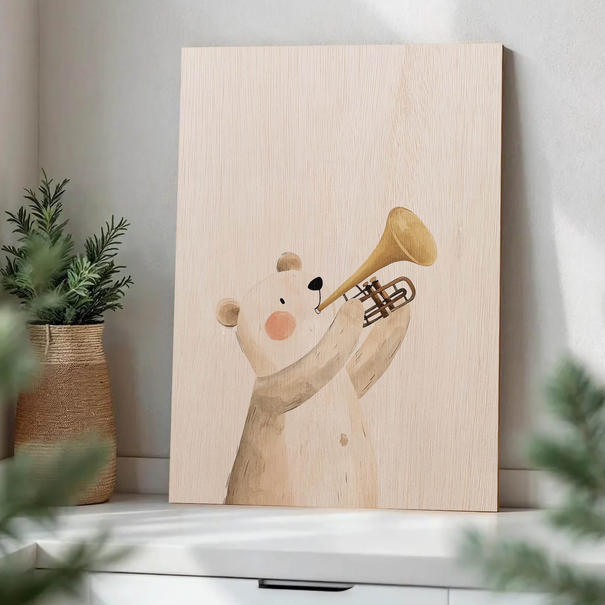 Bear Playing Trumpet Wood Print by OnWood Australia