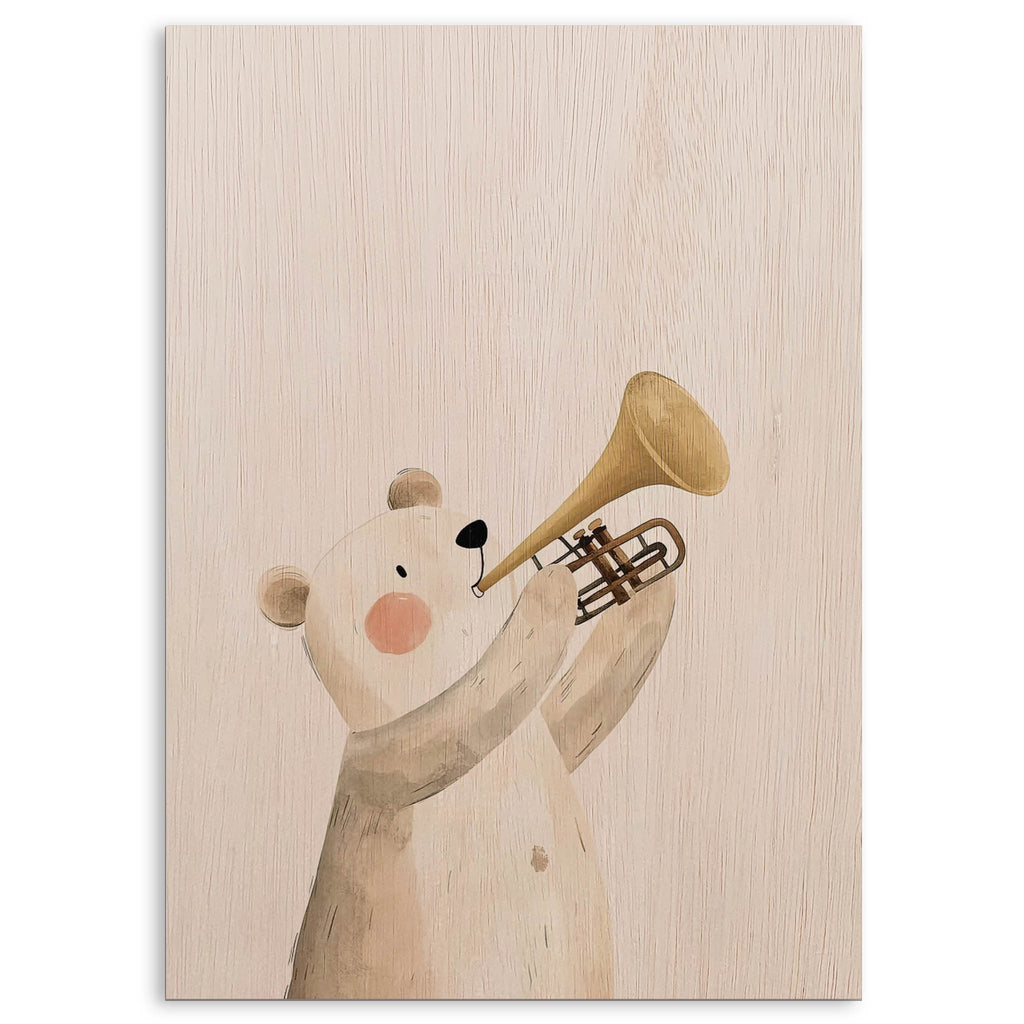 Bear Playing Trumpet Wood Print by OnWood Australia