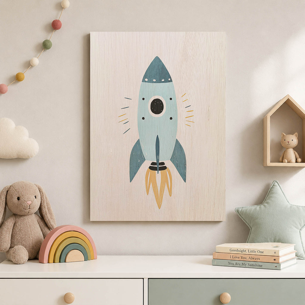 Blue Rocket Ship Wood Print by OnWood Australia