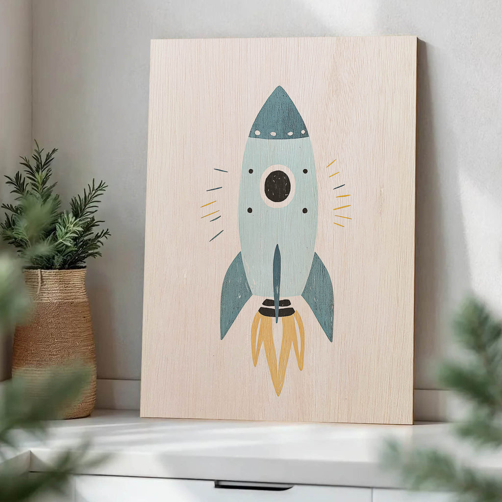Blue Rocket Ship Wood Print by OnWood Australia
