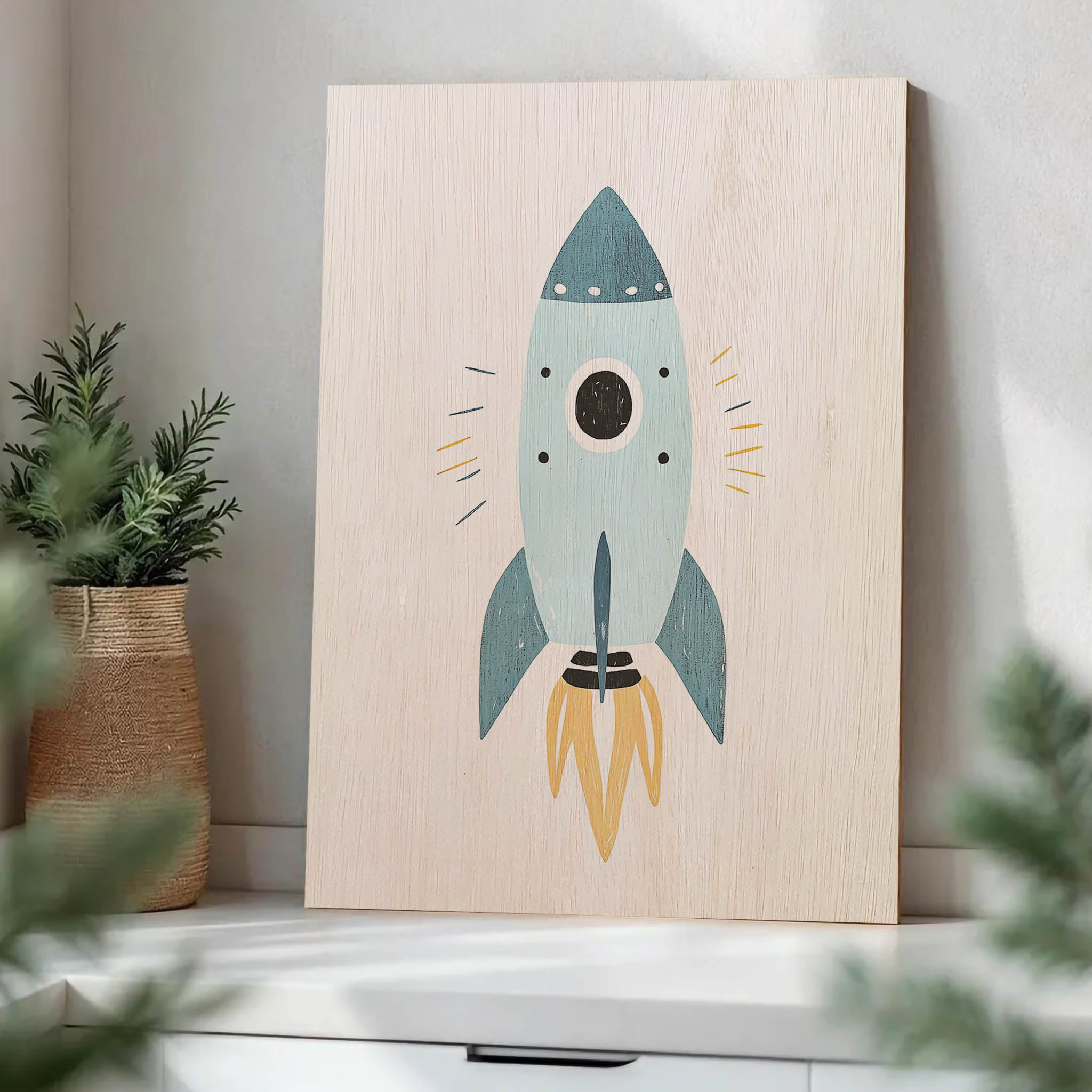 Blue Rocket Ship Wood Print by OnWood Australia