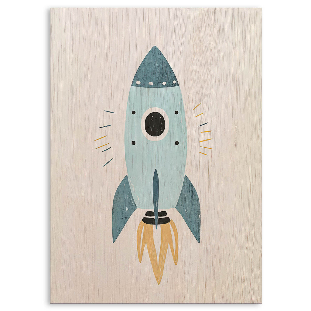 Blue Rocket Ship Wood Print by OnWood Australia