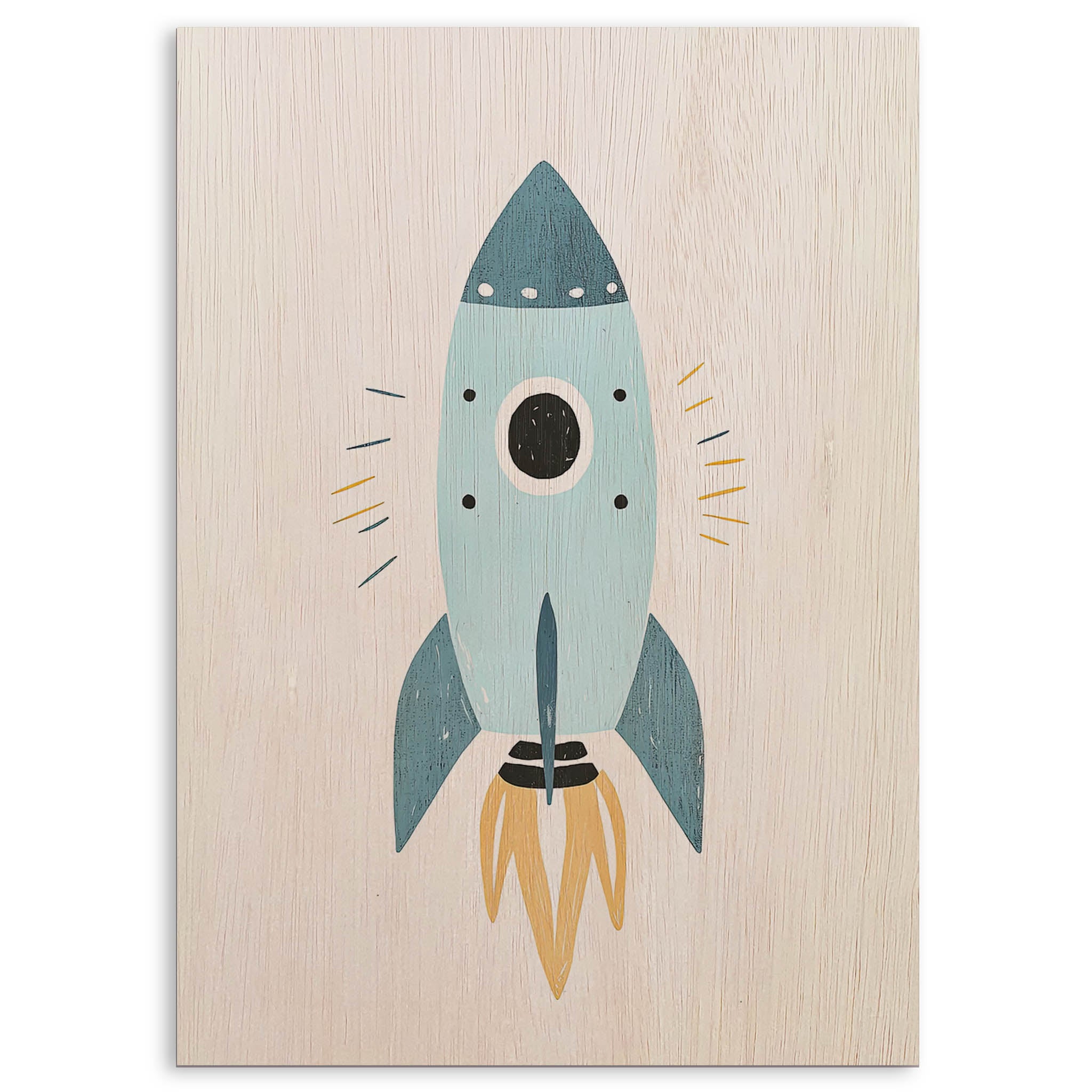 Blue Rocket Ship Wood Print by OnWood Australia
