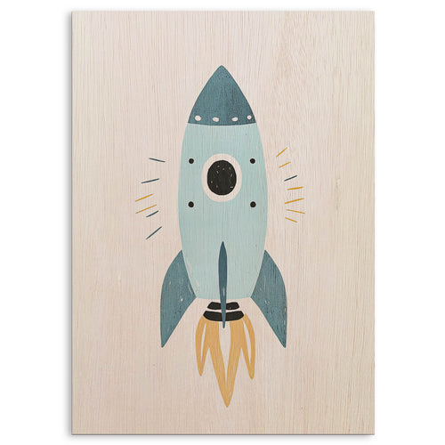 Blue Rocket Ship Wood Print by OnWood Australia