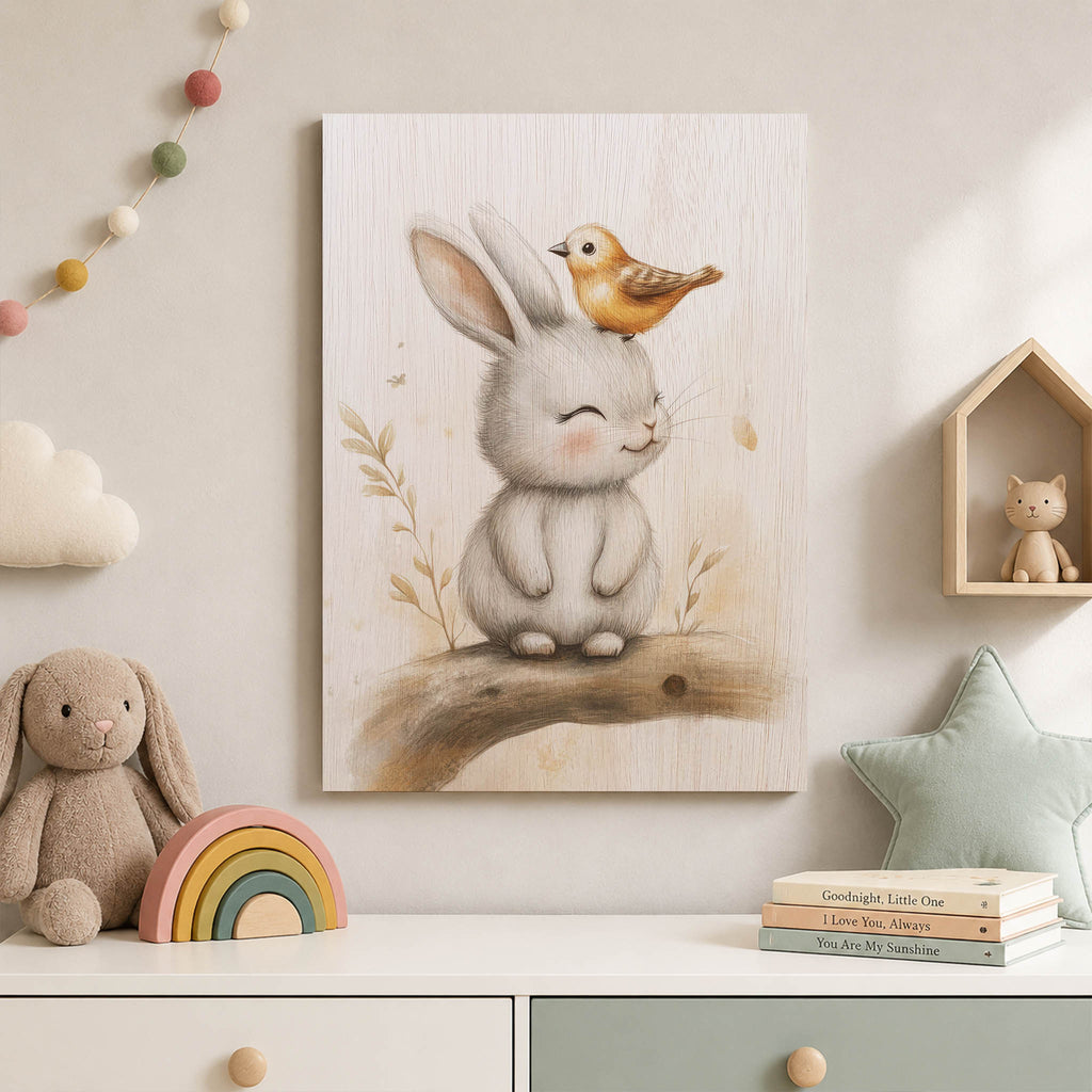 Bunny and Birdie Wood Print by OnWood Australia