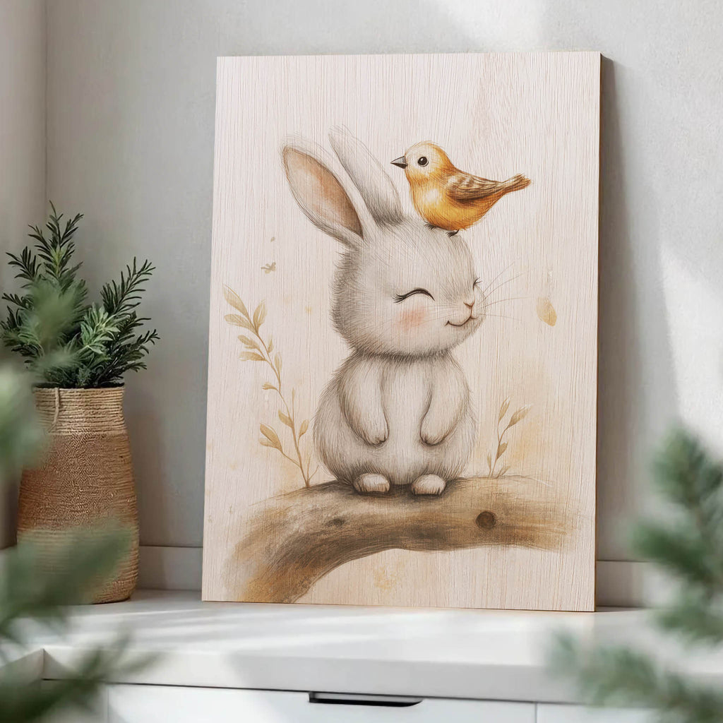 Bunny and Birdie Wood Print by OnWood Australia