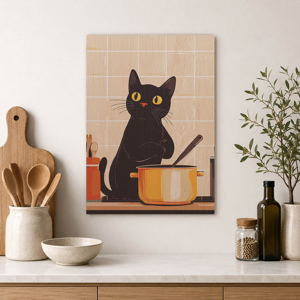 Cat Cooking Wood Print by OnWood Australia