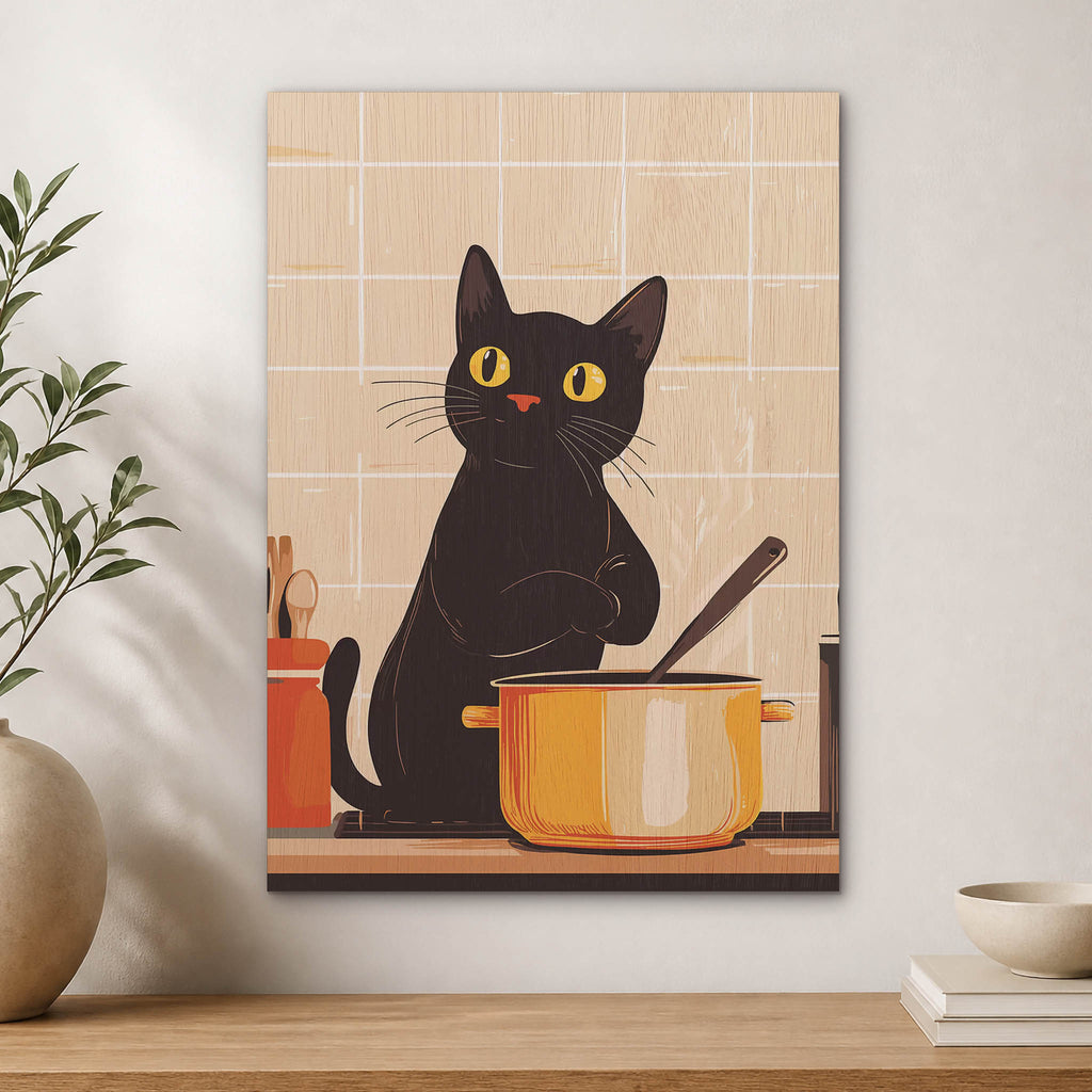 Cat Cooking Wood Print by OnWood Australia