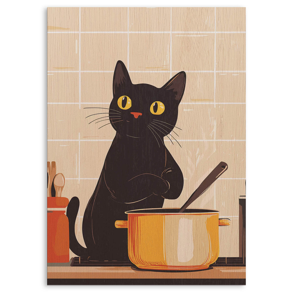 Cat Cooking Wood Print by OnWood Australia