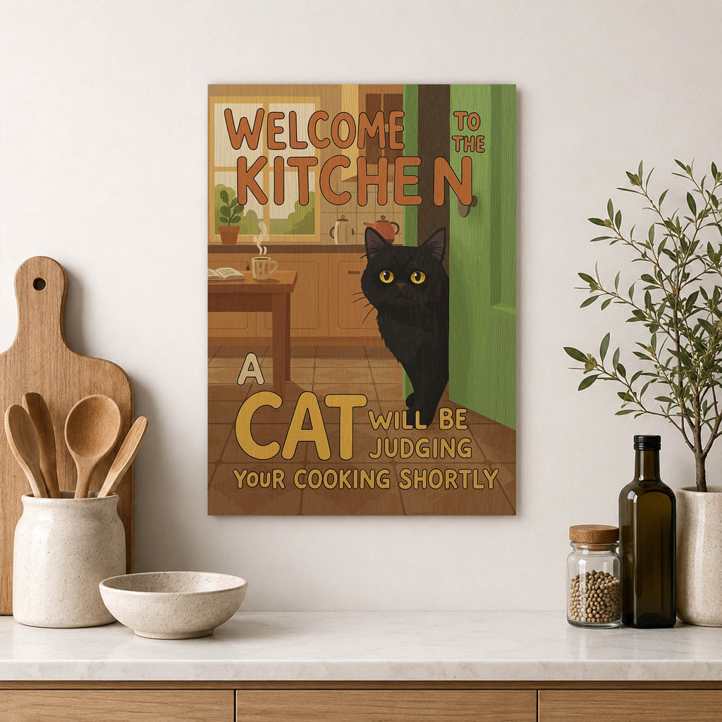 Cat Judges Cooking Wood Print by OnWood Australia