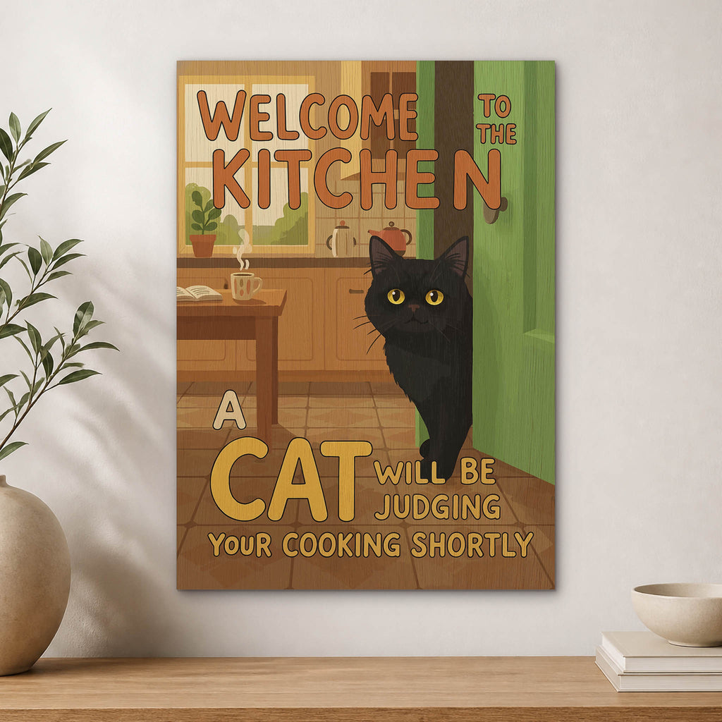 Cat Judges Cooking Wood Print by OnWood Australia