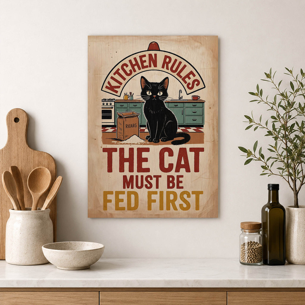 Cat Kitchen Rules Wood Print by OnWood Australia