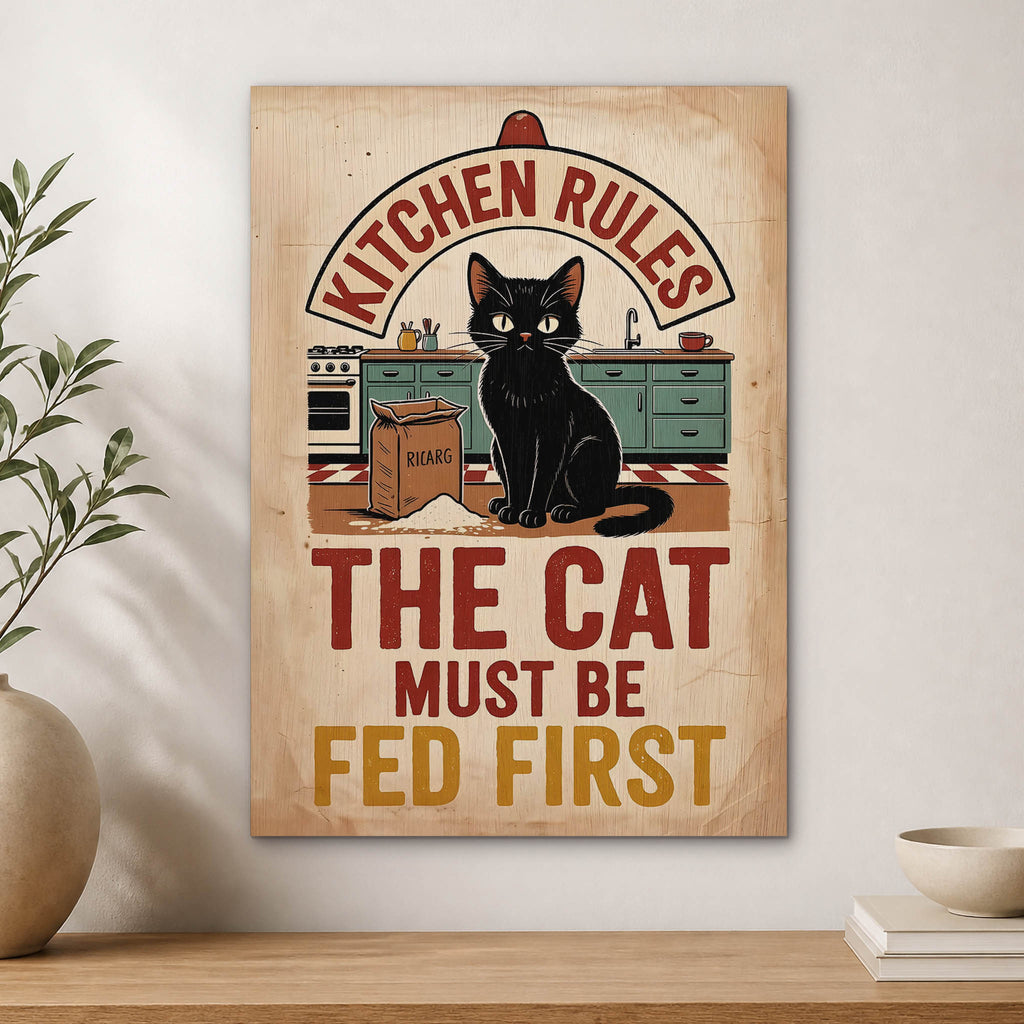 Cat Kitchen Rules Wood Print by OnWood Australia