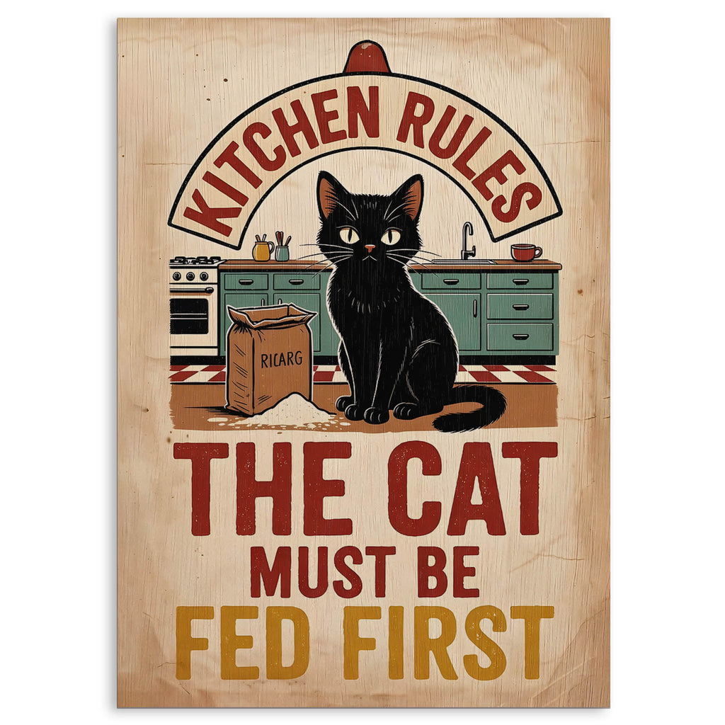 Cat Kitchen Rules Wood Print by OnWood Australia