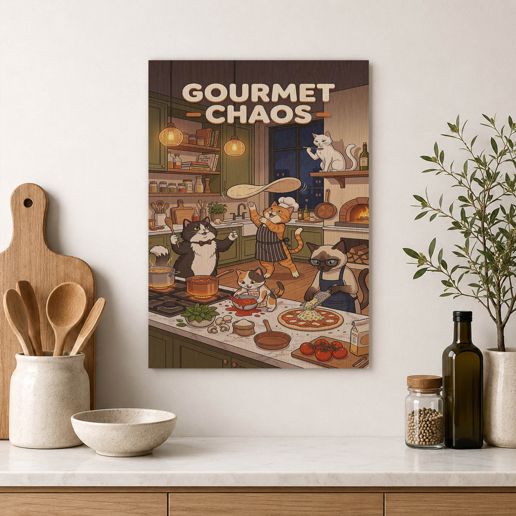 Chaotic Kitchen Cats Wood Print by OnWood Australia