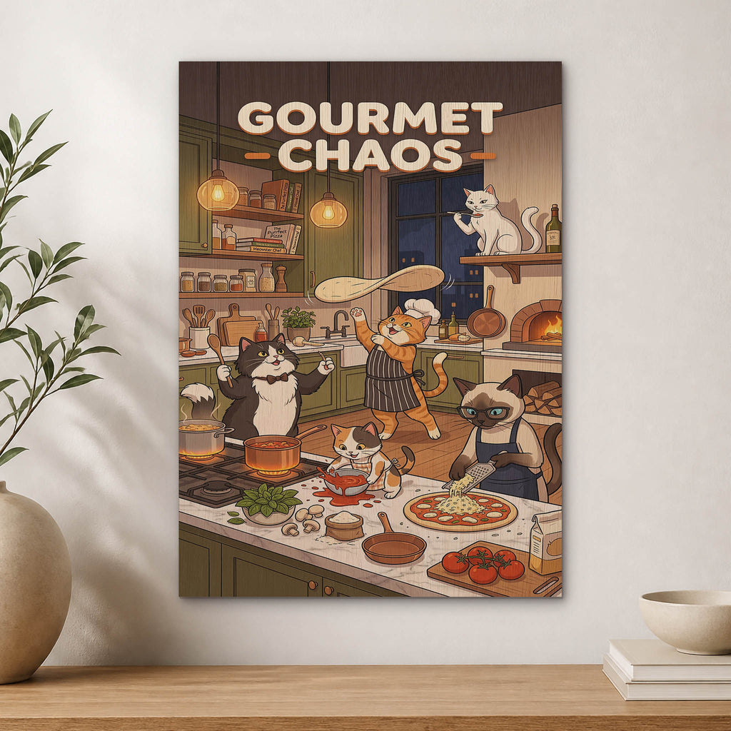 Chaotic Kitchen Cats Wood Print by OnWood Australia