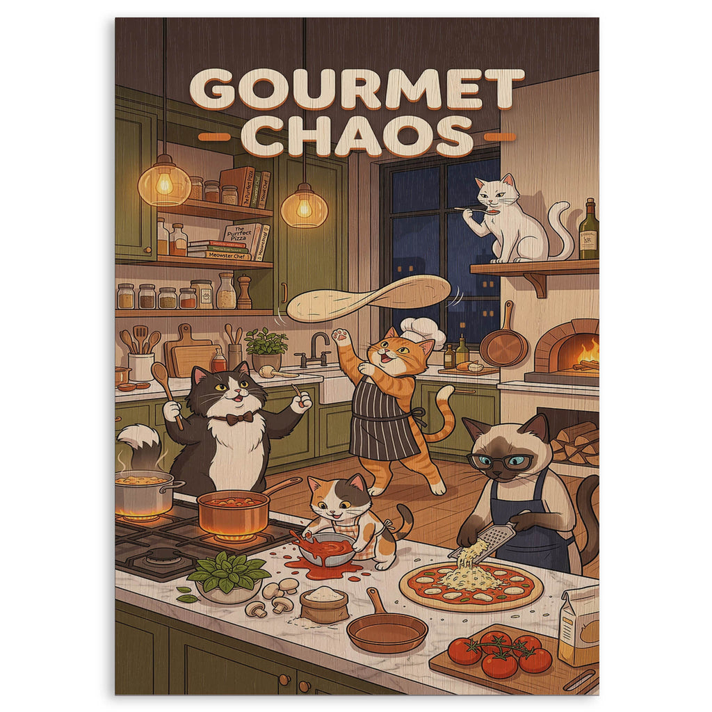 Chaotic Kitchen Cats Wood Print by OnWood Australia