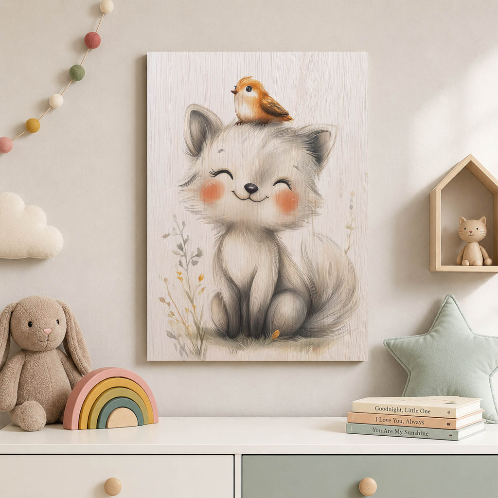 Cute Arctic Fox with Bird Wood Print by OnWood Australia