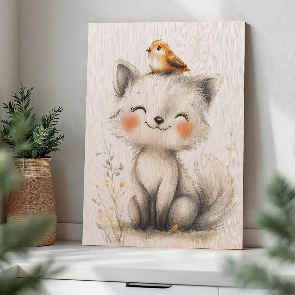 Cute Arctic Fox with Bird Wood Print by OnWood Australia