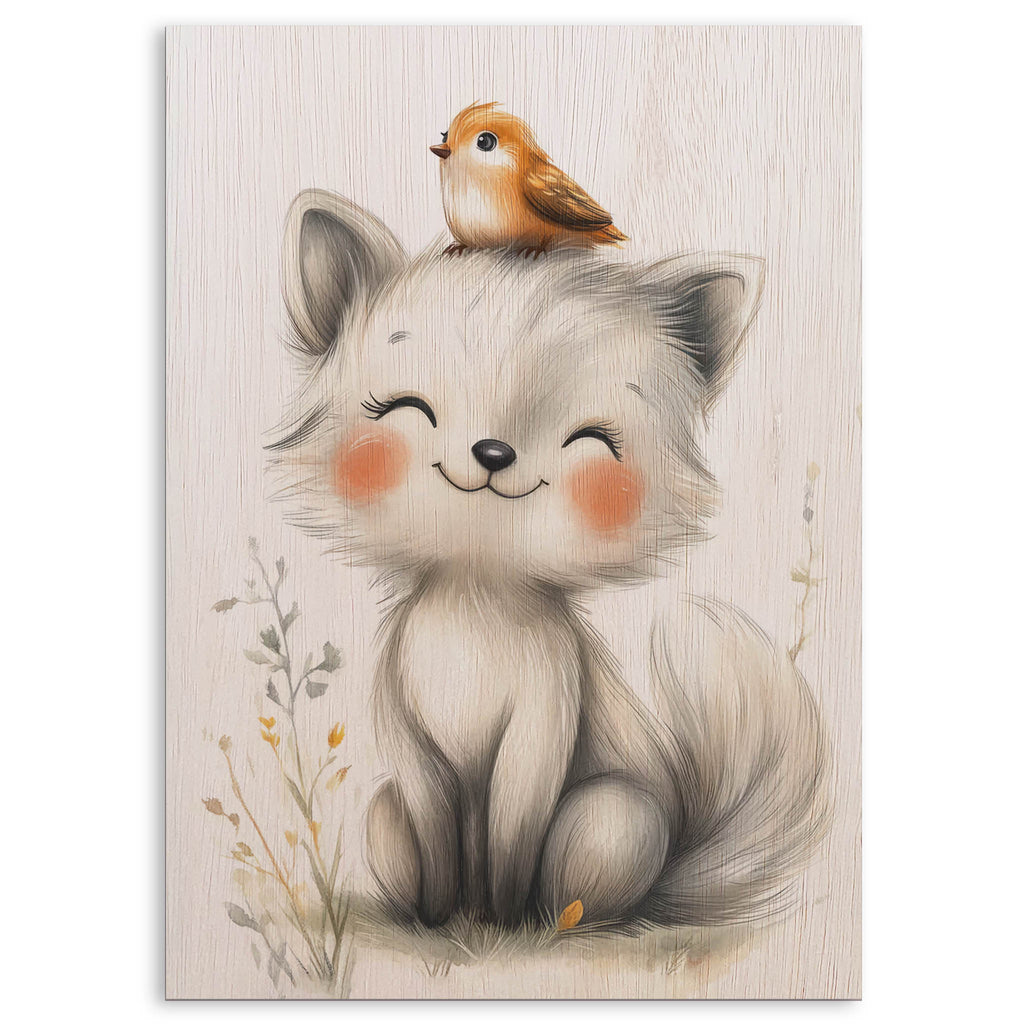 Cute Arctic Fox with Bird Wood Print by OnWood Australia
