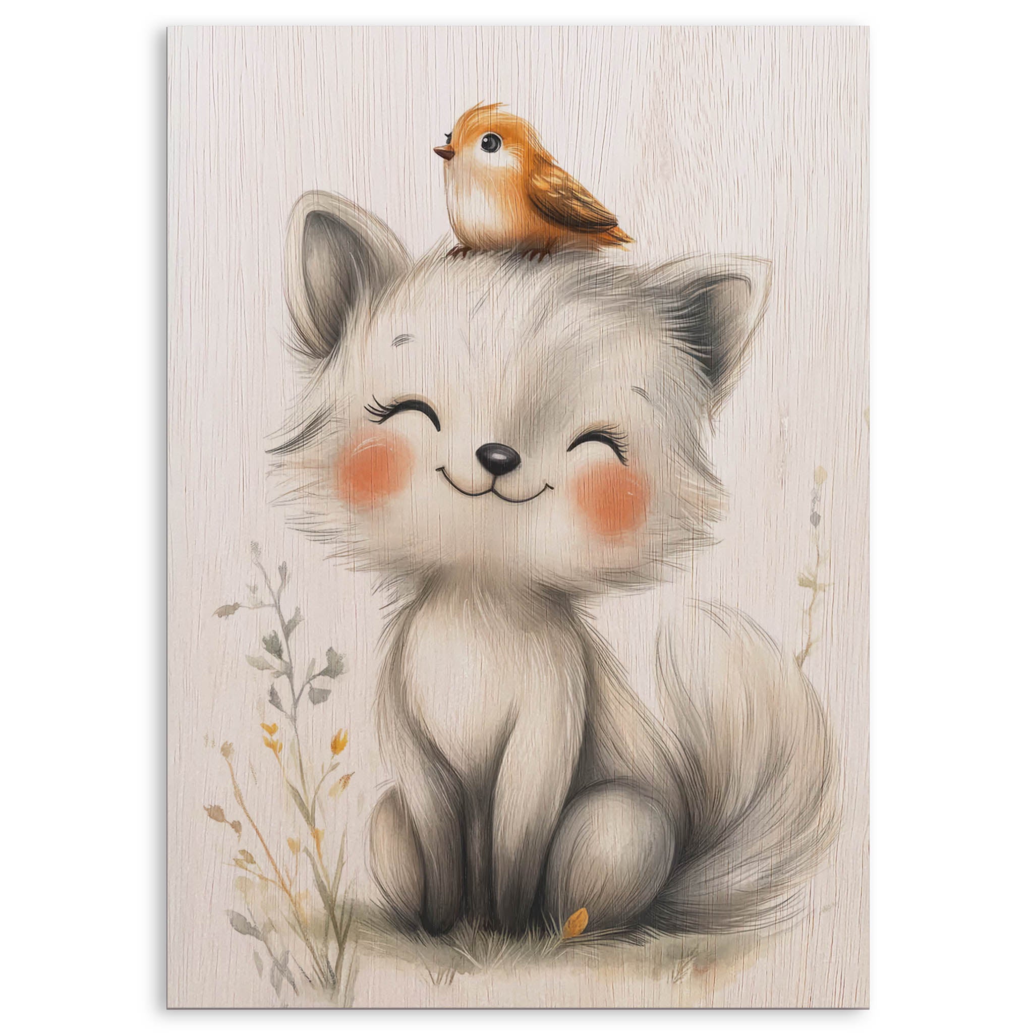 Cute Arctic Fox with Bird Wood Print by OnWood Australia