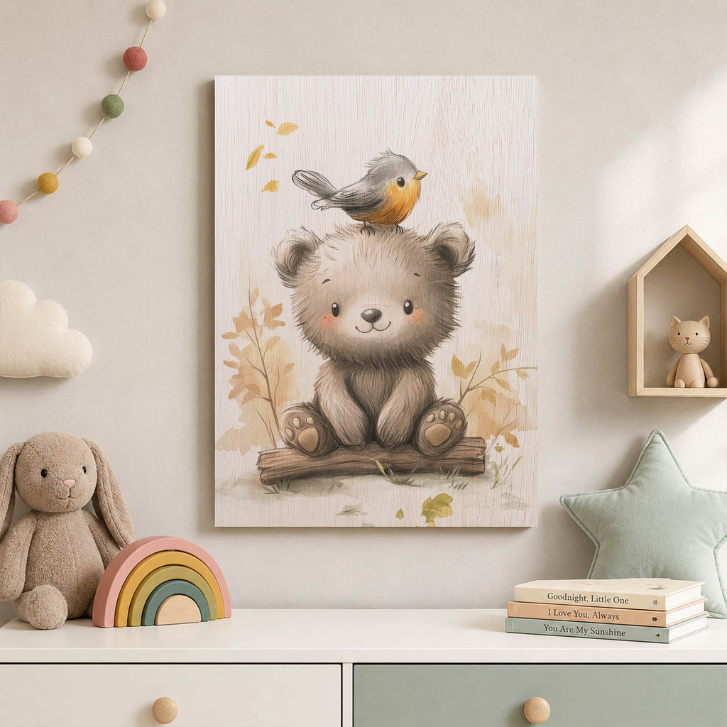 Cute Bear and Bird Wood Print by OnWood Australia