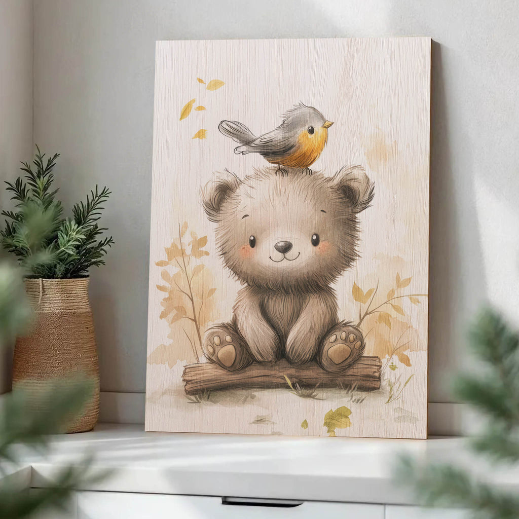Cute Bear and Bird Wood Print by OnWood Australia