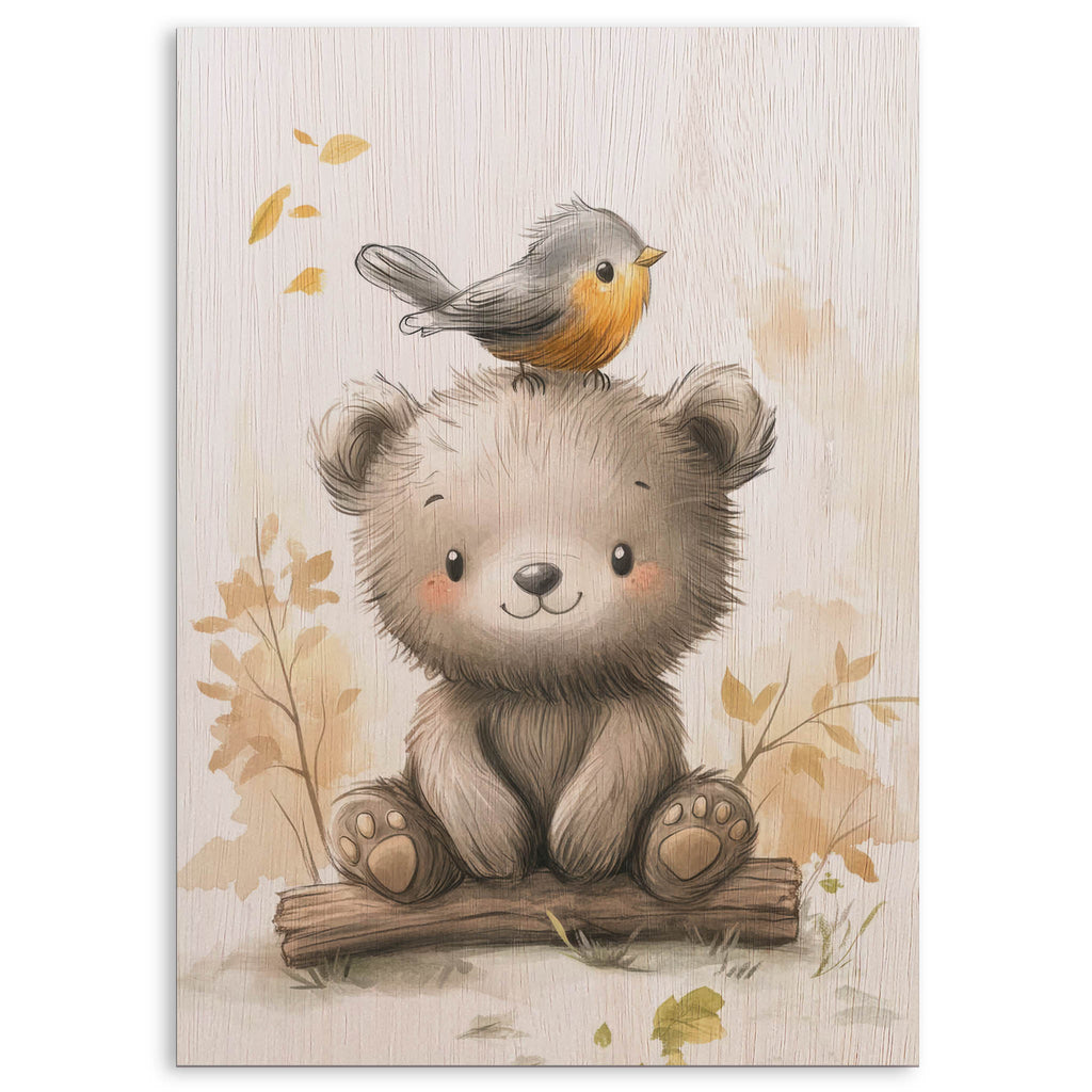 Cute Bear and Bird Wood Print by OnWood Australia