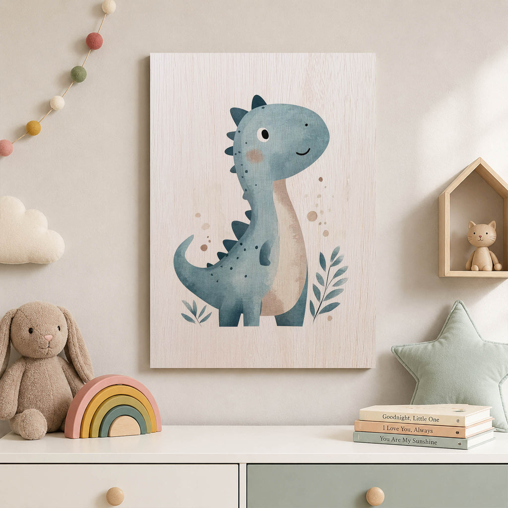 Cute Blue Dinosaur Wood Print by OnWood Australia