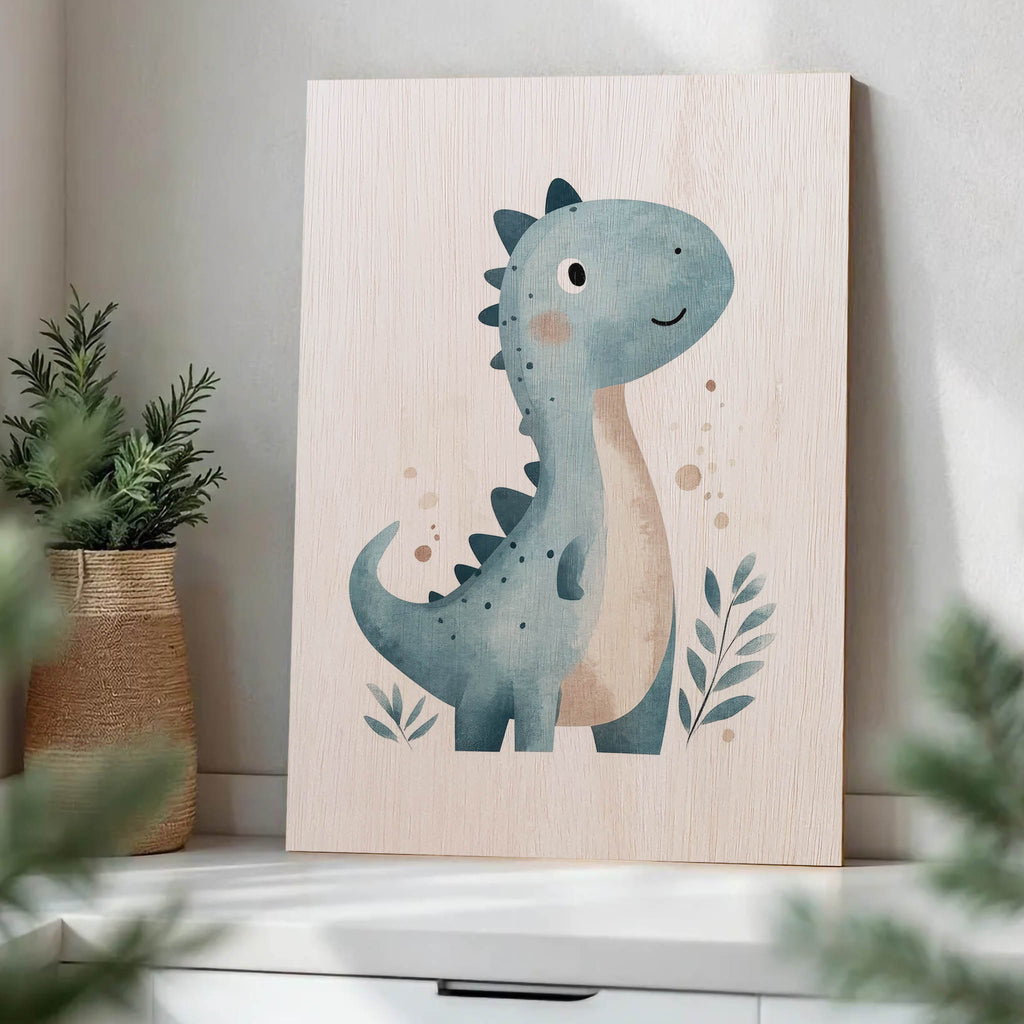 Cute Blue Dinosaur Wood Print by OnWood Australia