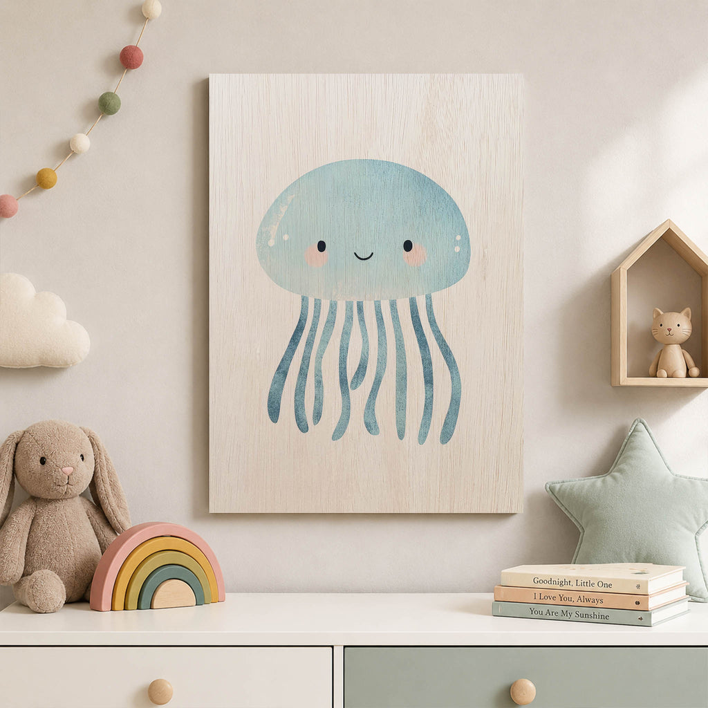 Cute Blue Jellyfish Wood Print by OnWood Australia
