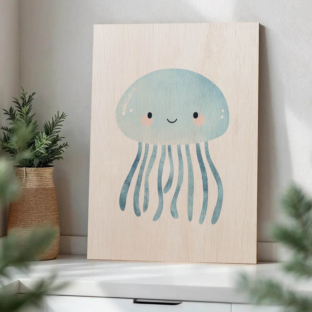 Cute Blue Jellyfish Wood Print by OnWood Australia