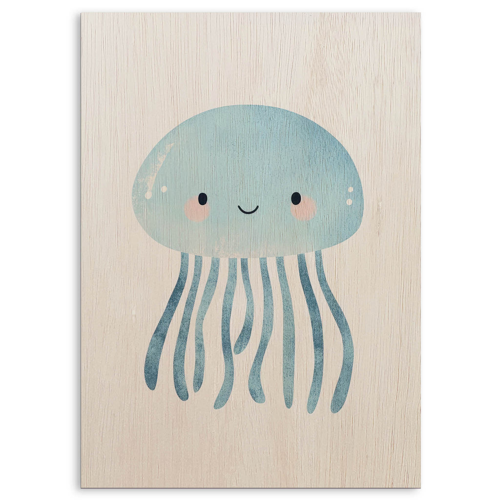 Cute Blue Jellyfish Wood Print by OnWood Australia