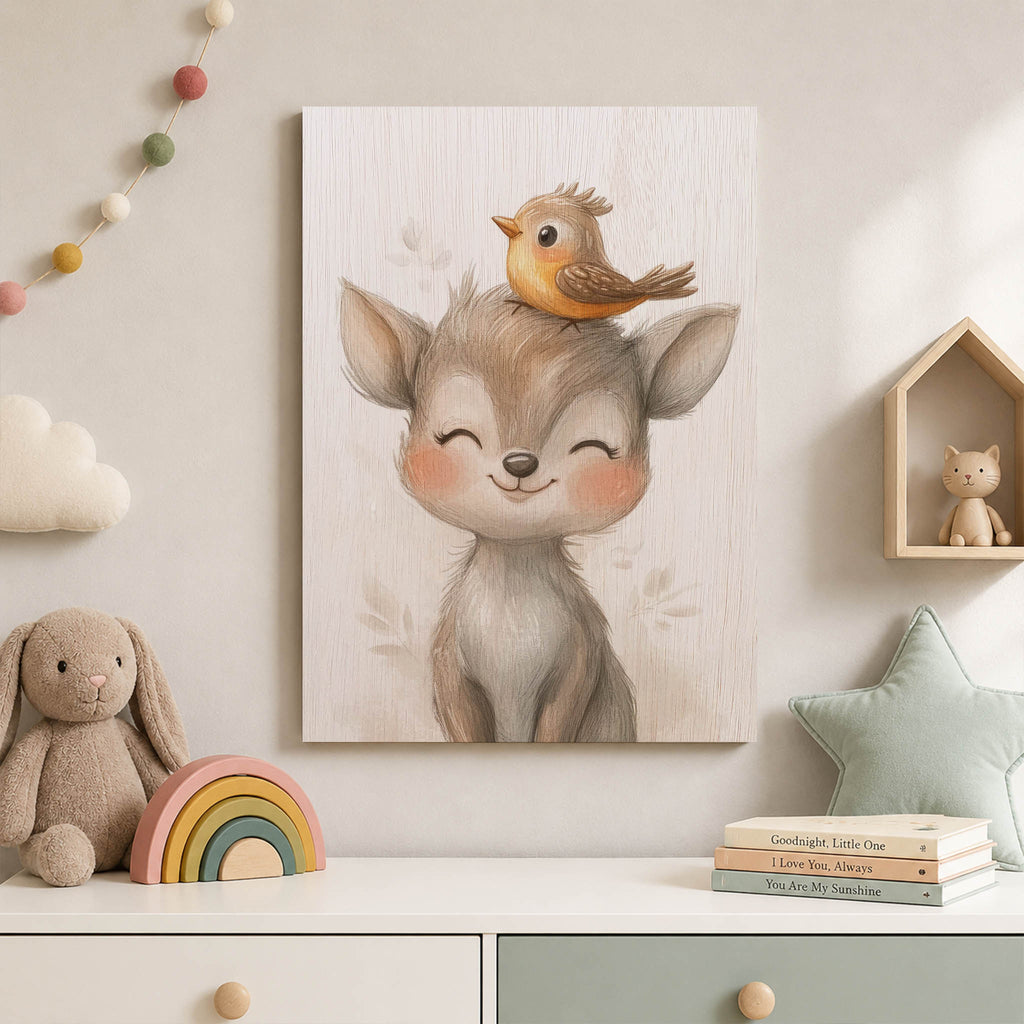 Cute Deer and Bird Wood Print by OnWood Australia