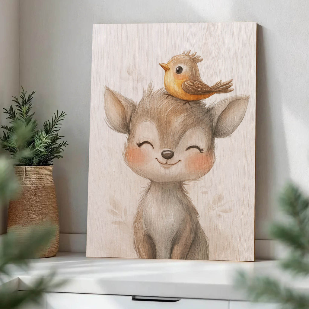 Cute Deer and Bird Wood Print by OnWood Australia
