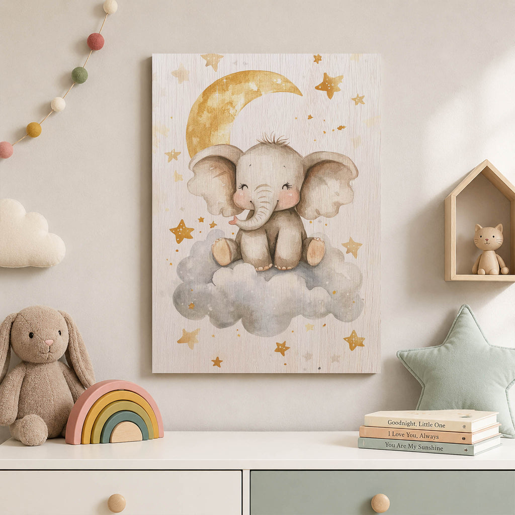 Cute Elephant on Cloud Wood Print by OnWood Australia