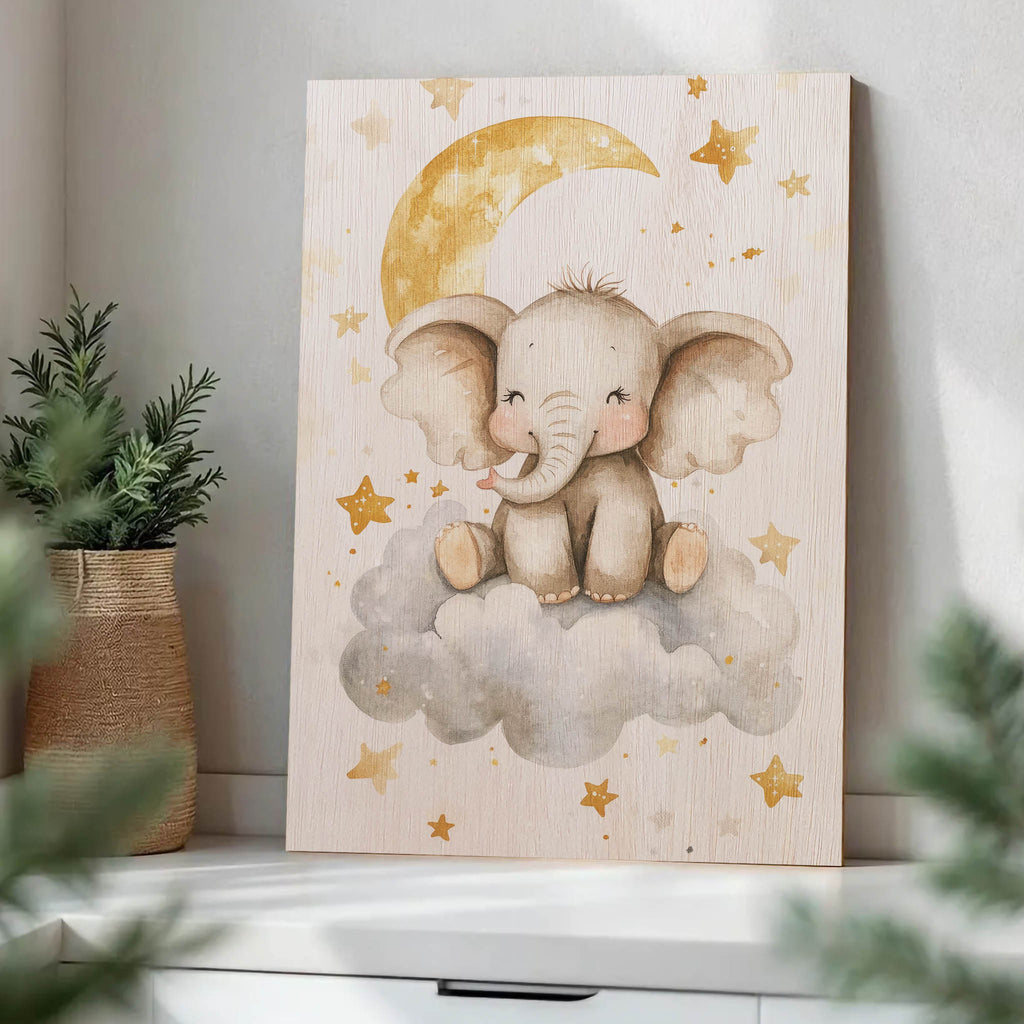 Cute Elephant on Cloud Wood Print by OnWood Australia