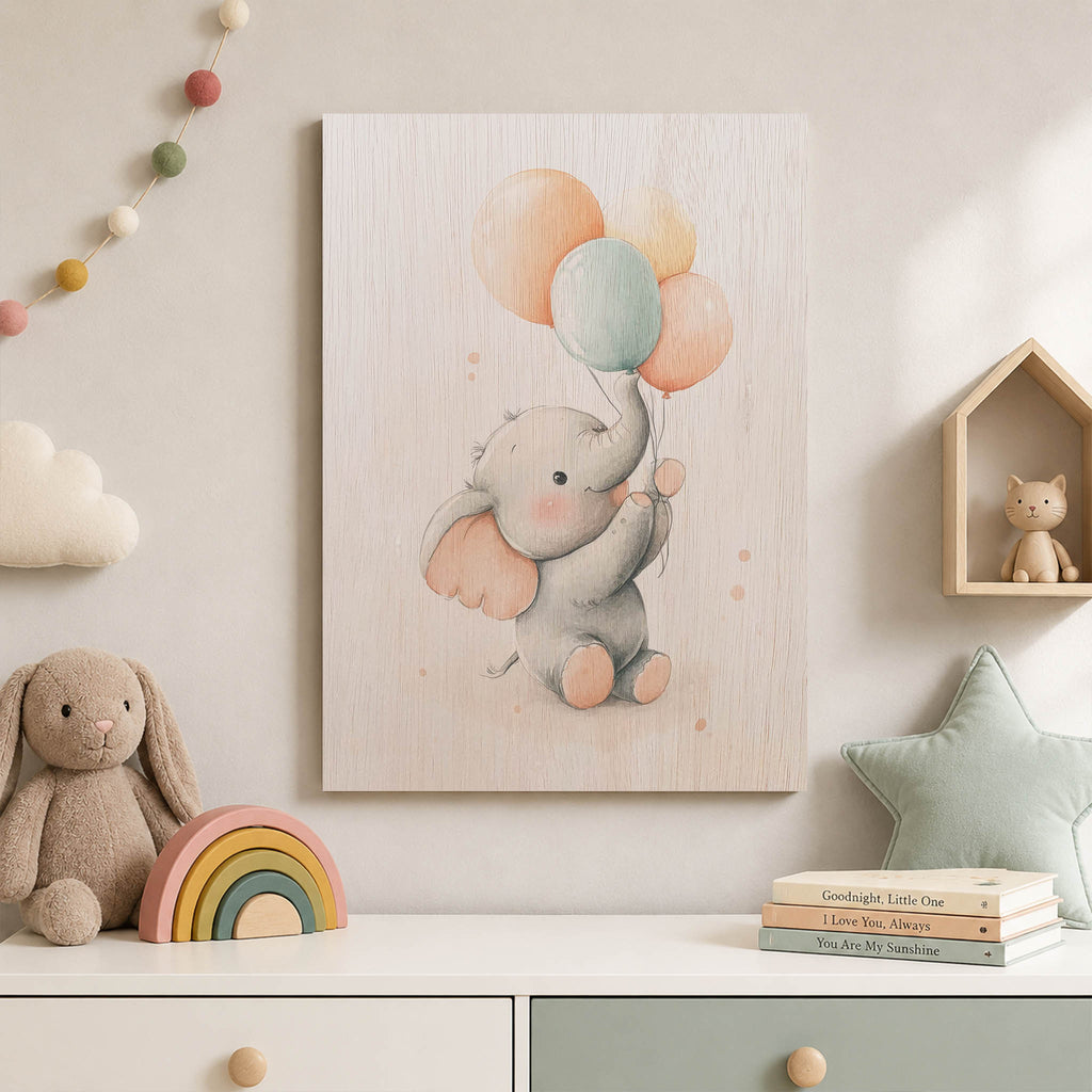 Cute Elephant with Balloons Wood Print by OnWood Australia