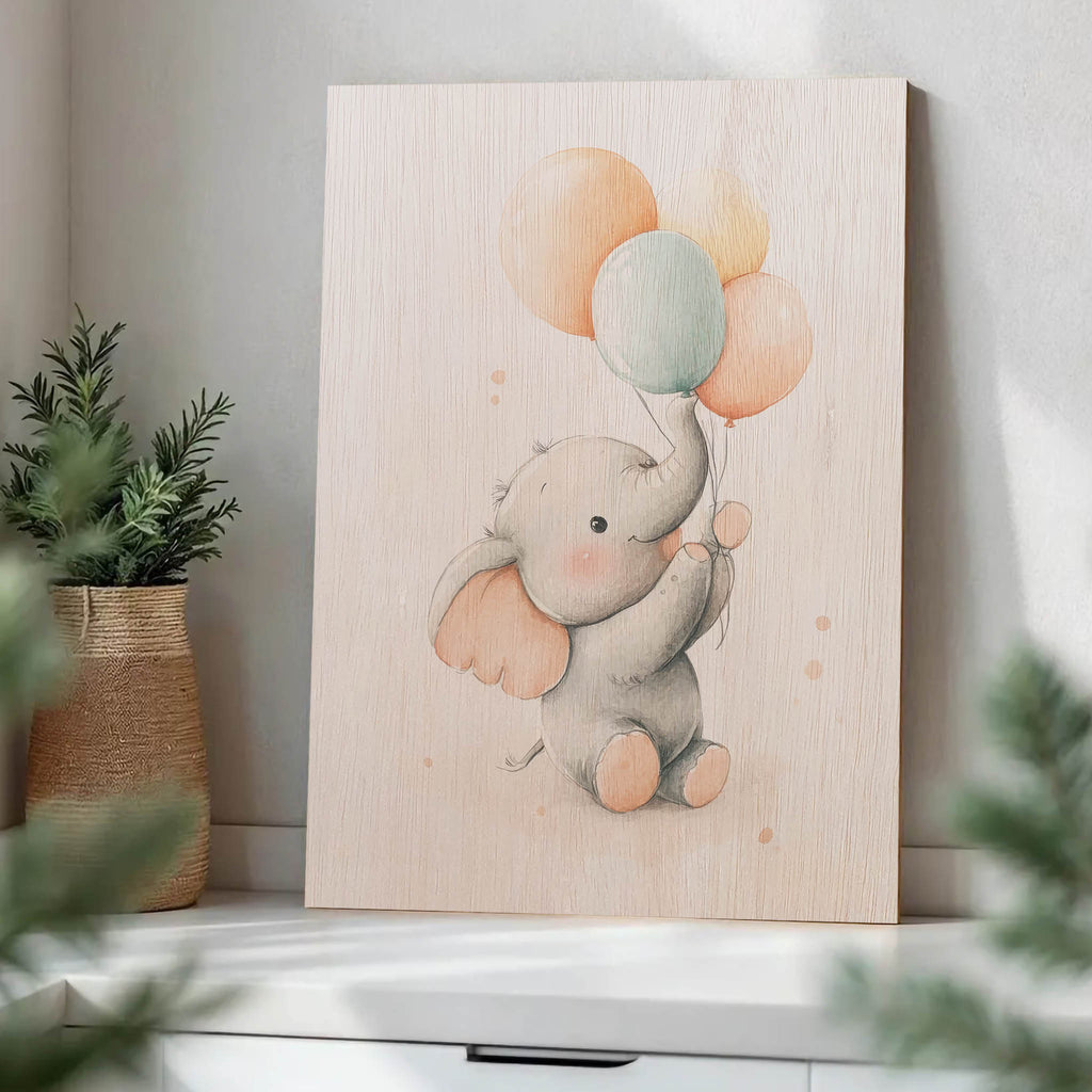 Cute Elephant with Balloons Wood Print by OnWood Australia