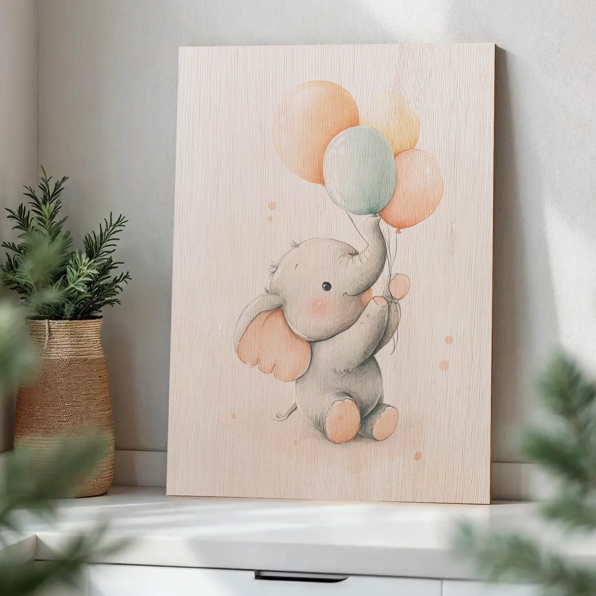 Cute Elephant with Balloons Wood Print by OnWood Australia